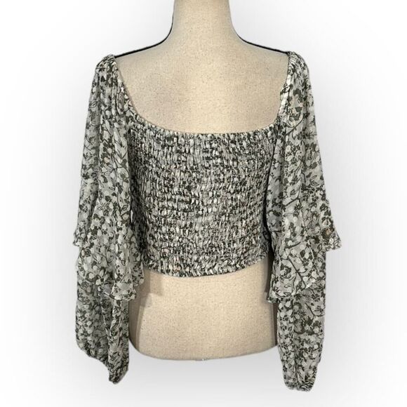 MISA Los Angeles Helaine Floral Top Women's XS Beige Green Long Tiered Sleeve - Picture 5 of 11